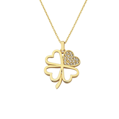 14K Real Solid Gold CZ Four Leaf Clover Pendant Necklace for Women , gift for her