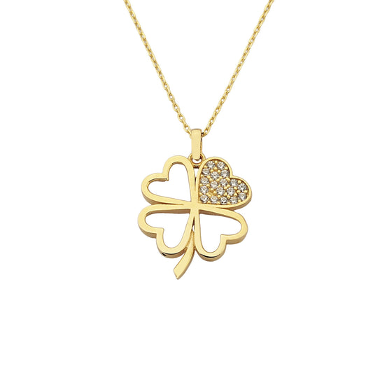 14K Real Solid Gold CZ Four Leaf Clover Pendant Necklace for Women , gift for her