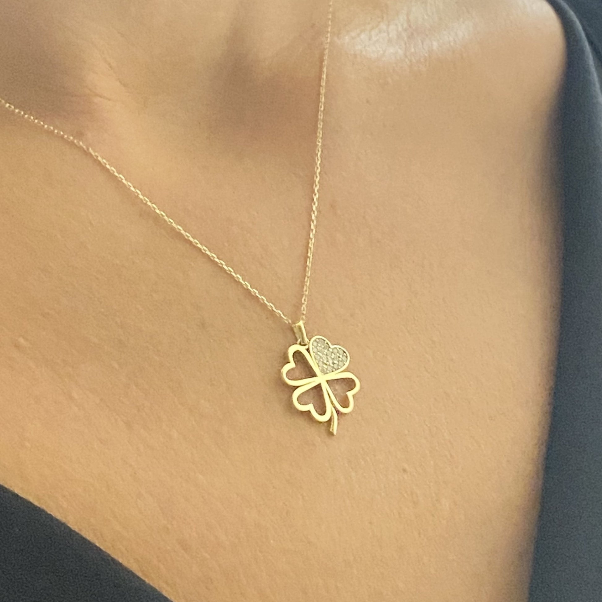 14K Real Solid Gold CZ Four Leaf Clover Pendant Necklace for Women , mother's day gift