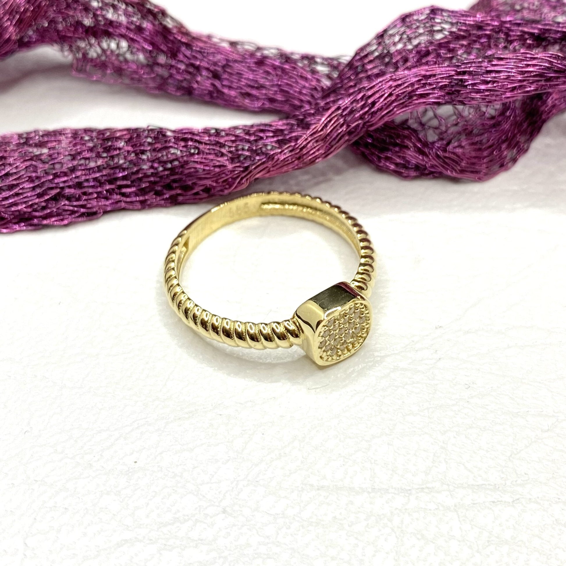 14K Real Solid Gold CZ Pave Square Ring for Women , Square Shaped Ring , Dainty Stacking Ring , Geometric Ring , Statement Rings ,