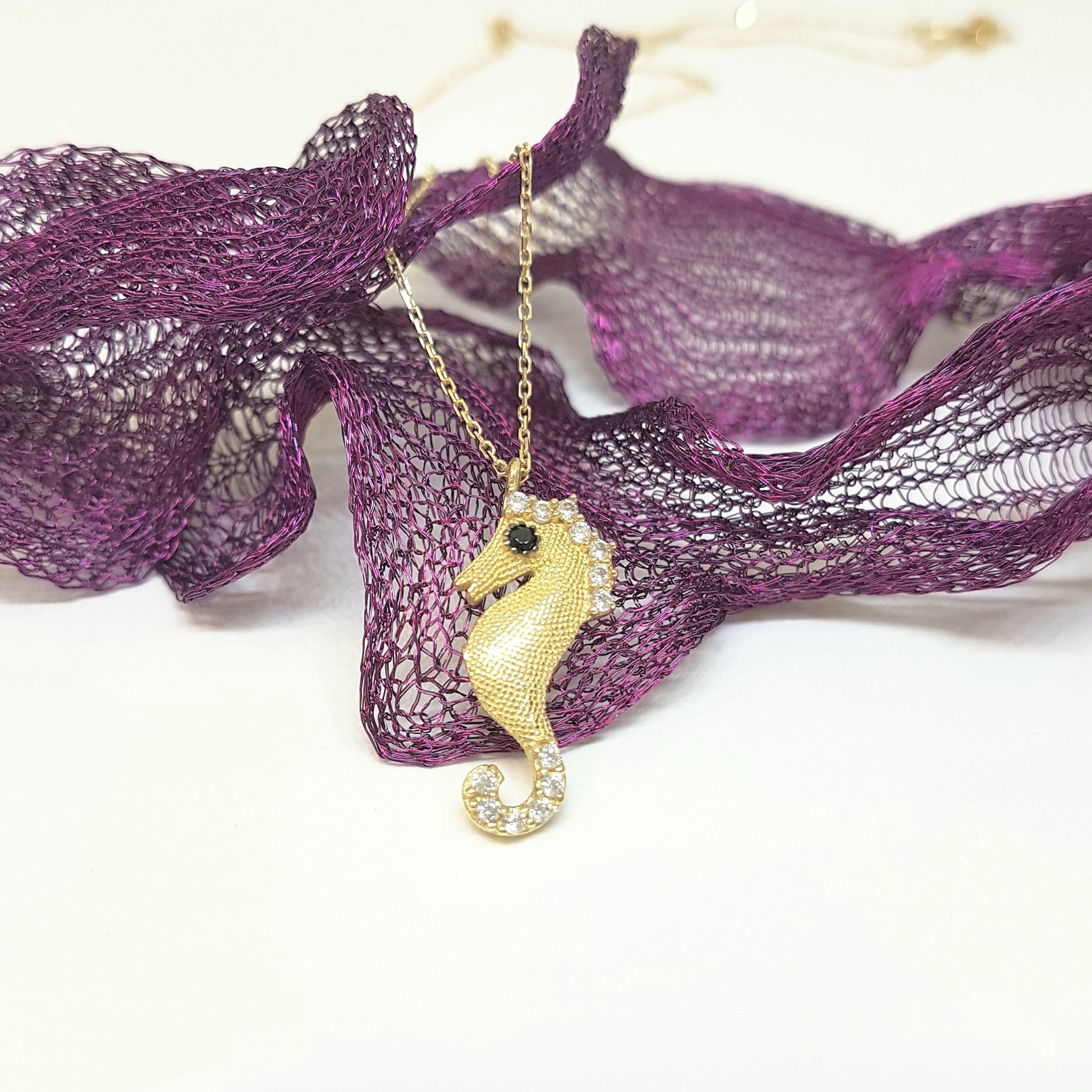 SeaHorse Necklace 14K Real Solid Gold with White Black Zirconia Stones and Textured Body Charm Cute Dainty Delicate Trendy Ocean Pendant for Women