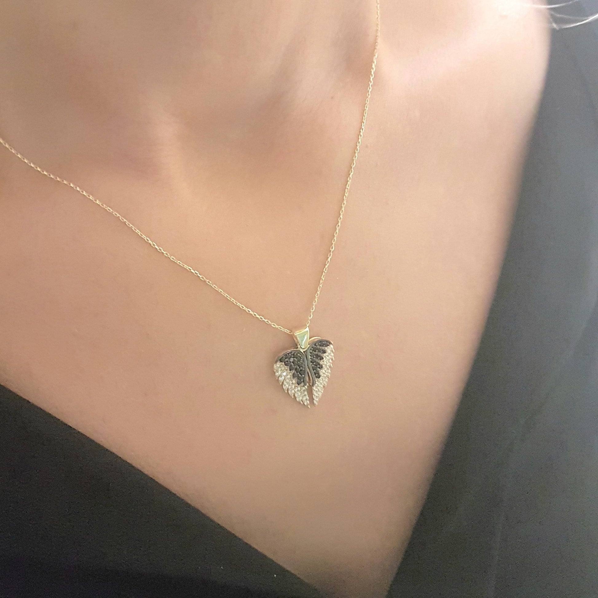 14K Real Solid Gold Elegant Double Angel Wings and Heart Shape Memorial Personalized Forever Remember Names Dates Charm Pendant Necklace Best Birthday Gift for Women