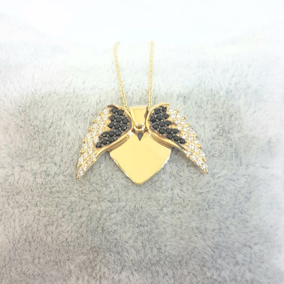 14K Real Solid Gold Elegant Double Angel Wings and Heart Shape Memorial Personalized Forever Remember Names Dates Charm Pendant Necklace Best Birthday Gift for Women