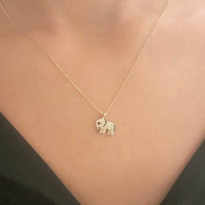 14K Real Solid Gold Elephant Pendant Necklace with White Zirconia Stones Cute Charm Dainty Best Birthday Gift for Women Good Luck