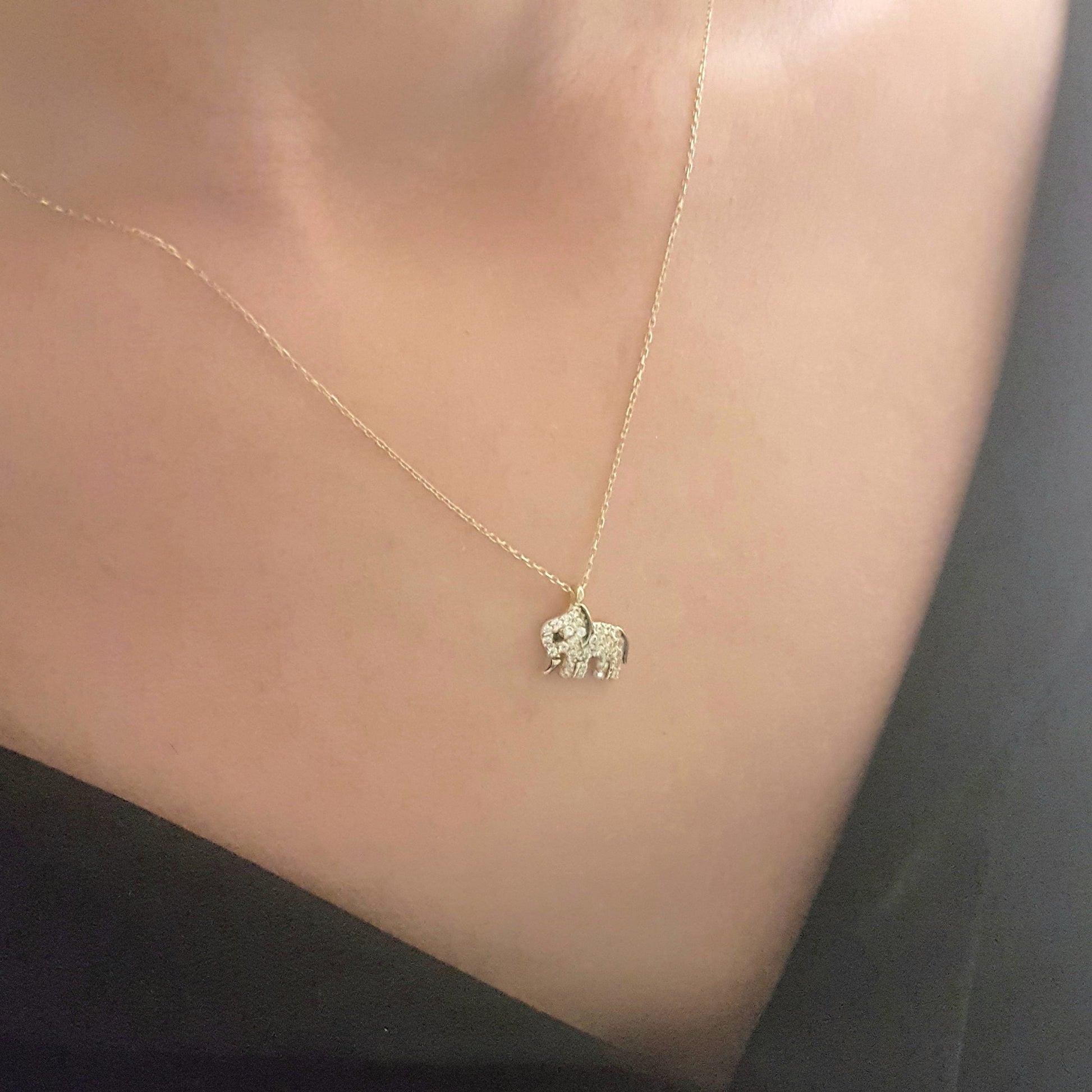 14K Real Solid Gold Elephant Pendant Necklace with White Zirconia Stones Cute Charm Dainty Best Birthday Gift for Women Good Luck