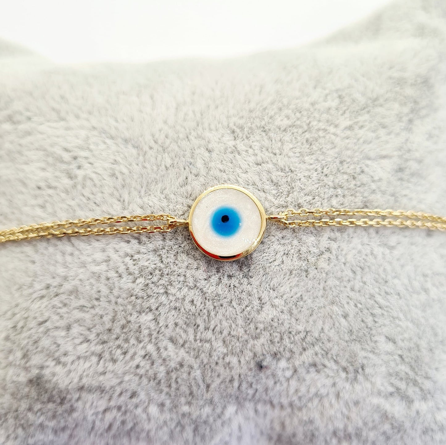 14K Real Solid Gold Evil Eye Mother of Pearl Bracelet for Women, Lucky Gold Bracelet , Christmas gift , Mother’s Day Gift , Evil Eye Charm birthday gift.