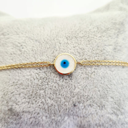 14K Real Solid Gold Evil Eye Mother of Pearl Bracelet for Women, Lucky Gold Bracelet , Christmas gift , Mother’s Day Gift , Evil Eye Charm birthday gift.