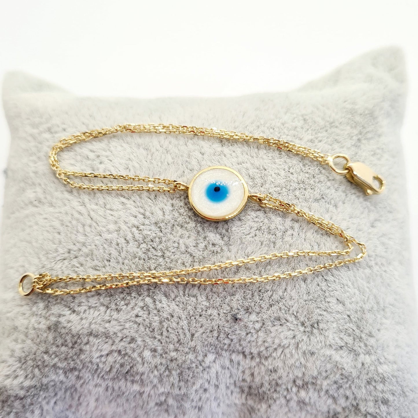 14K Real Solid Gold Evil Eye Mother of Pearl Bracelet for Women, Lucky Gold Bracelet , Christmas gift , Mother’s Day Gift , Evil Eye Charm birthday gift.