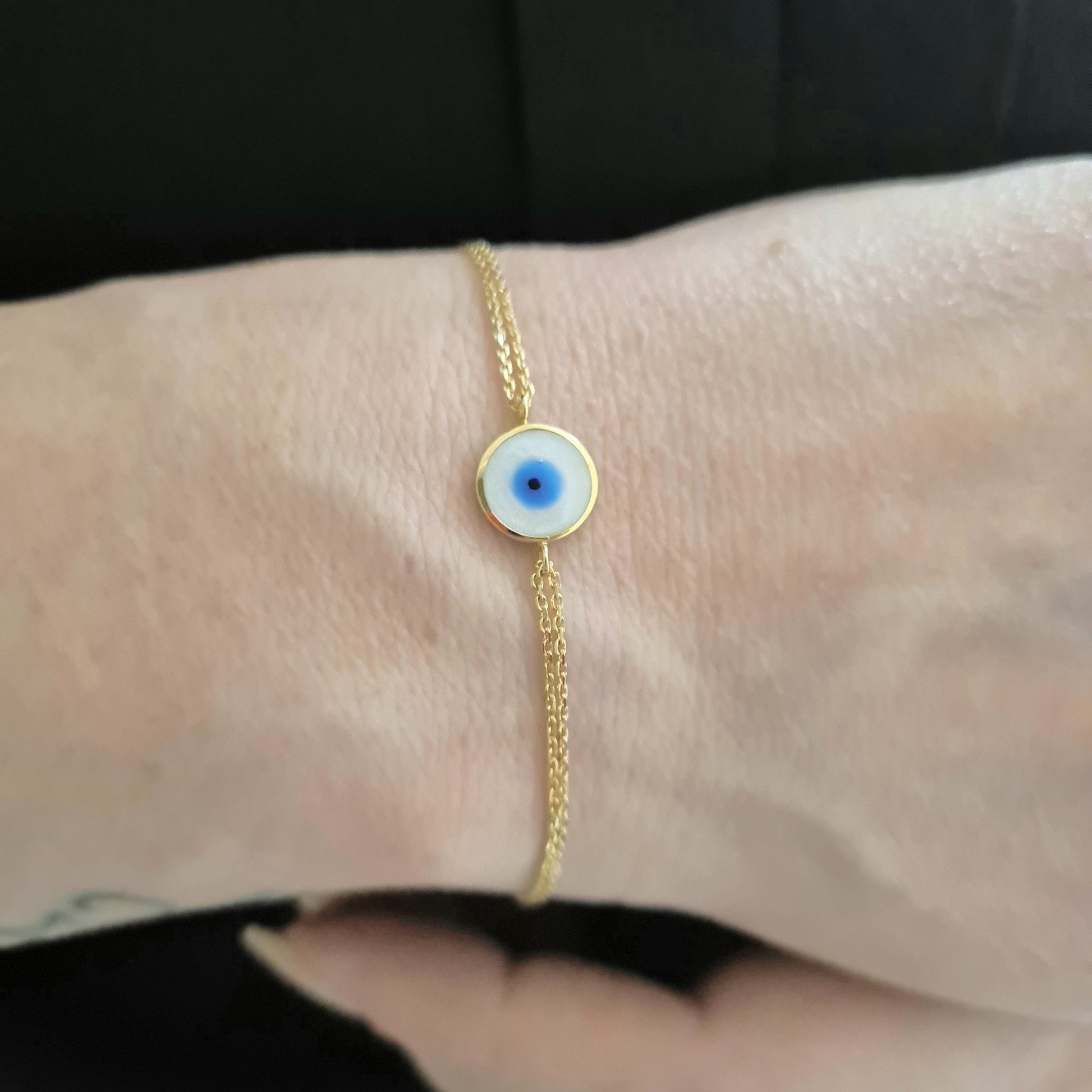 14K Real Solid Gold Evil Eye Mother of Pearl Bracelet for Women, Lucky Gold Bracelet , Christmas gift , Mother’s Day Gift , Evil Eye Charm birthday gift.