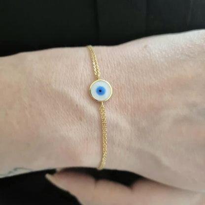 14K Real Solid Gold Evil Eye Mother of Pearl Bracelet for Women, Lucky Gold Bracelet , Christmas gift , Mother’s Day Gift , Evil Eye Charm birthday gift.