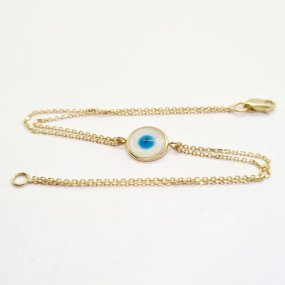 14K Real Solid Gold Evil Eye Mother of Pearl Bracelet for Women, Lucky Gold Bracelet , Christmas gift , Mother’s Day Gift , Evil Eye Charm birthday gift.