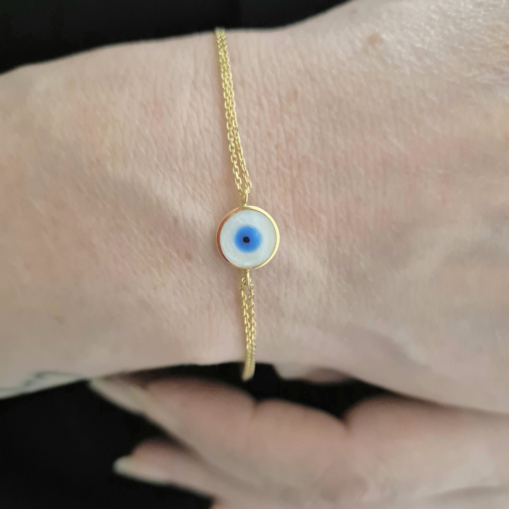 14K Real Solid Gold Evil Eye Mother of Pearl Bracelet for Women, Lucky Gold Bracelet , Christmas gift , Mother’s Day Gift , Evil Eye Charm birthday gift.