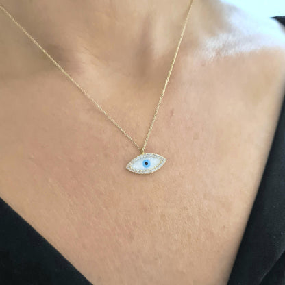14K Real Solid Gold Evil Eye Pendant Necklace for Women , Mother of Pearl Evil Eye Necklace , Mother of Pearl Jewelry , Mother of Pearl Necklace.