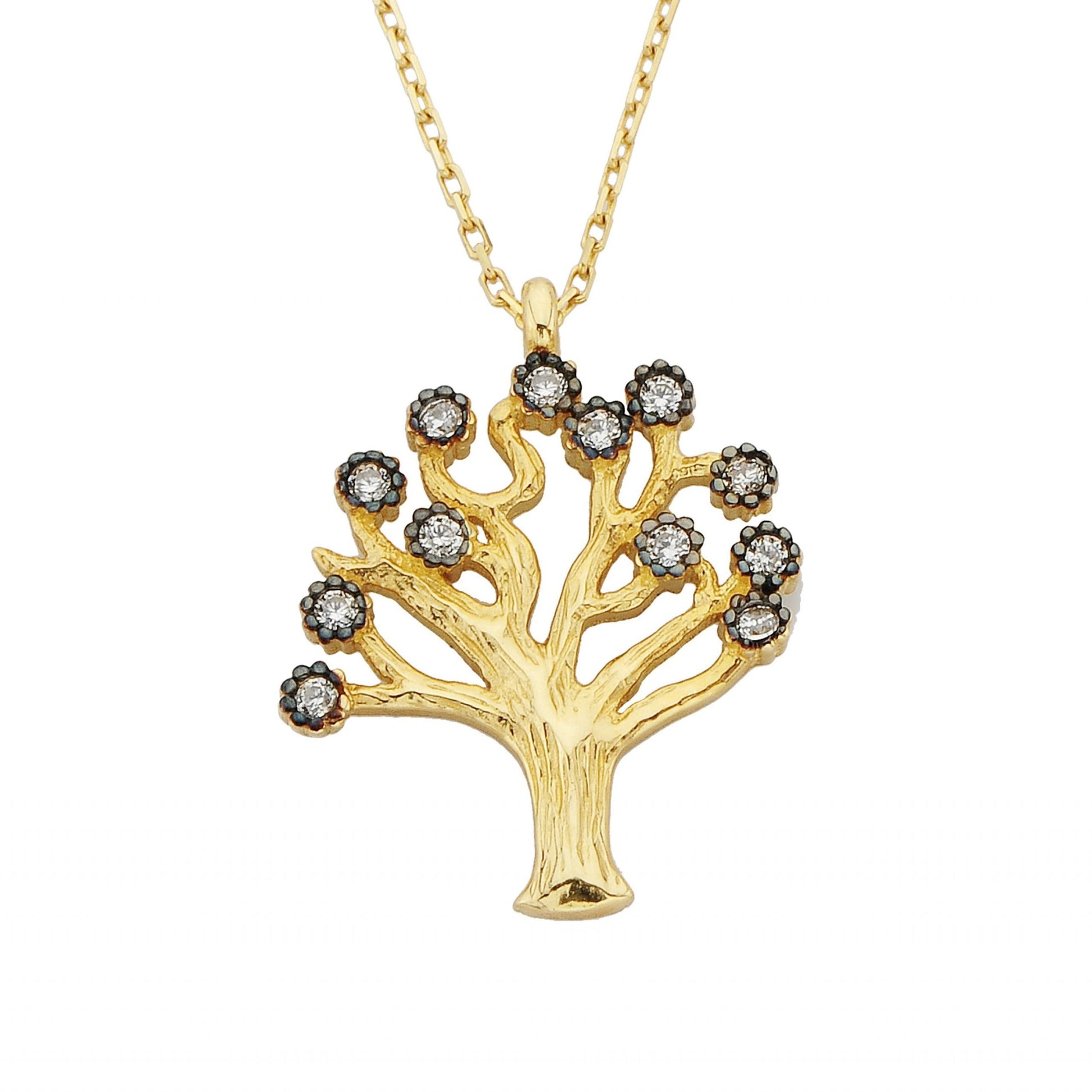 14K Real Solid Gold Family Tree of Life Pendant Necklace with Cubic Zirconia Stones for Women Mom Grandma | Best Birthday Christmas Gift