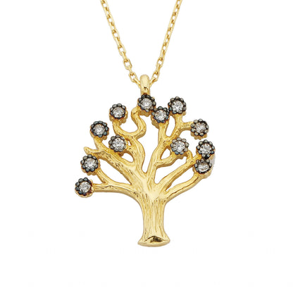 14K Real Solid Gold Family Tree of Life Pendant Necklace with Cubic Zirconia Stones for Women Mom Grandma | Best Birthday Christmas Gift