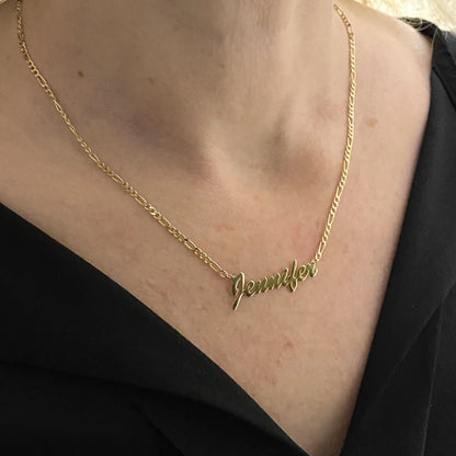 14K Real Solid Gold Figaro Chain Name Necklace , Custom Name Necklace , Personalized Gifts ,Personalized Jewelry ,Customized Name Pendant