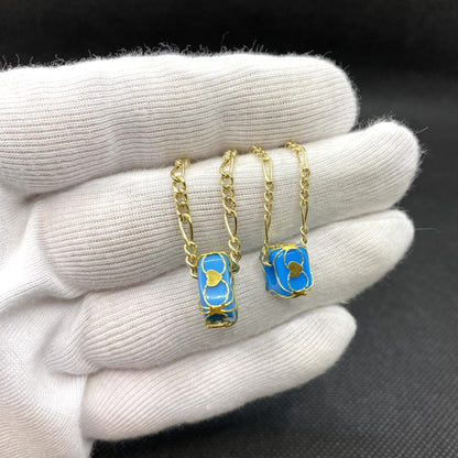 14K Real Solid Gold Figaro Chain Necklace , with Optional Turquoise Birthstone