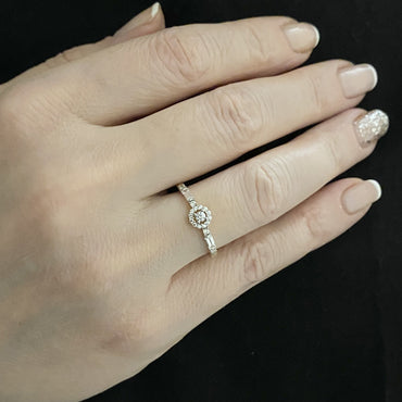 14K Real Solid Gold Halo Solitaire Ring Decorated Baguette , Engagement Ring, Bridal Wedding Jewelry , CZ Cubic zirconia Solitaire Ring