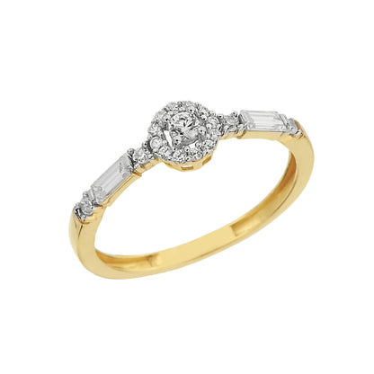 14K Real Solid Gold Halo Solitaire Ring Decorated Baguette , Engagement Ring, Bridal Wedding Jewelry , CZ Solitaire Ring for Women her mom