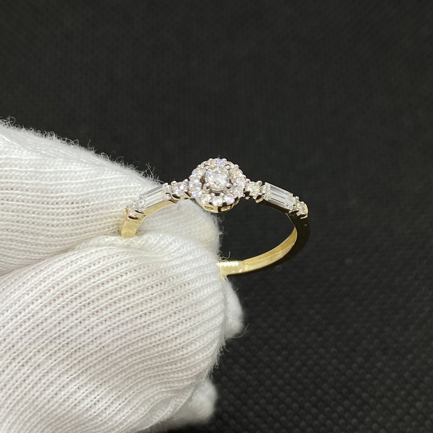 14K Real Solid Gold Halo Solitaire Ring Decorated Baguette , Engagement Ring, Bridal Wedding Jewelry , CZ Solitaire Rings for Women