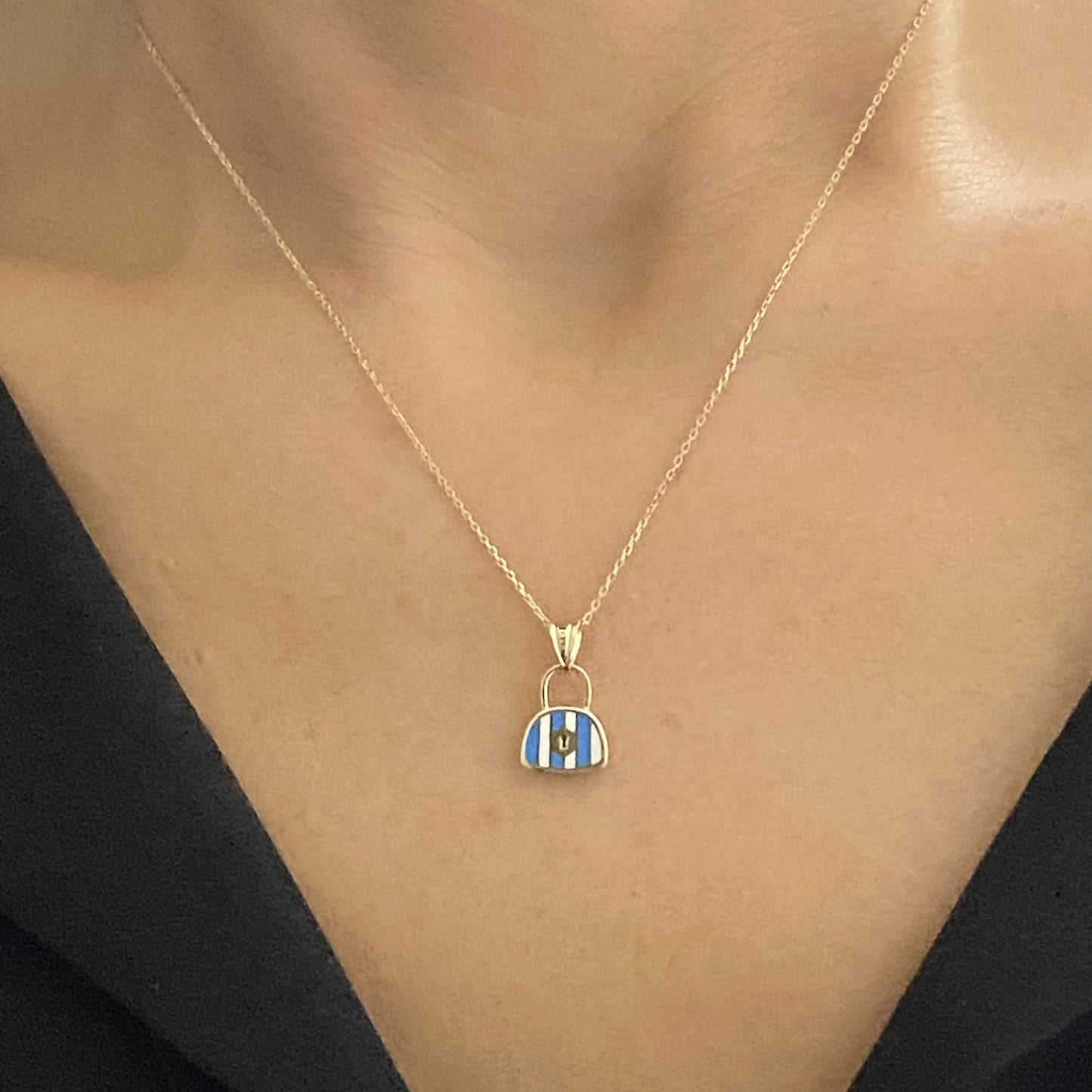 14K Real Solid Gold Handbag Pendant Necklace for Women , Dainty Bag Gold turquoise Necklace , Handmade Jewelry , Birthday gift for her mom