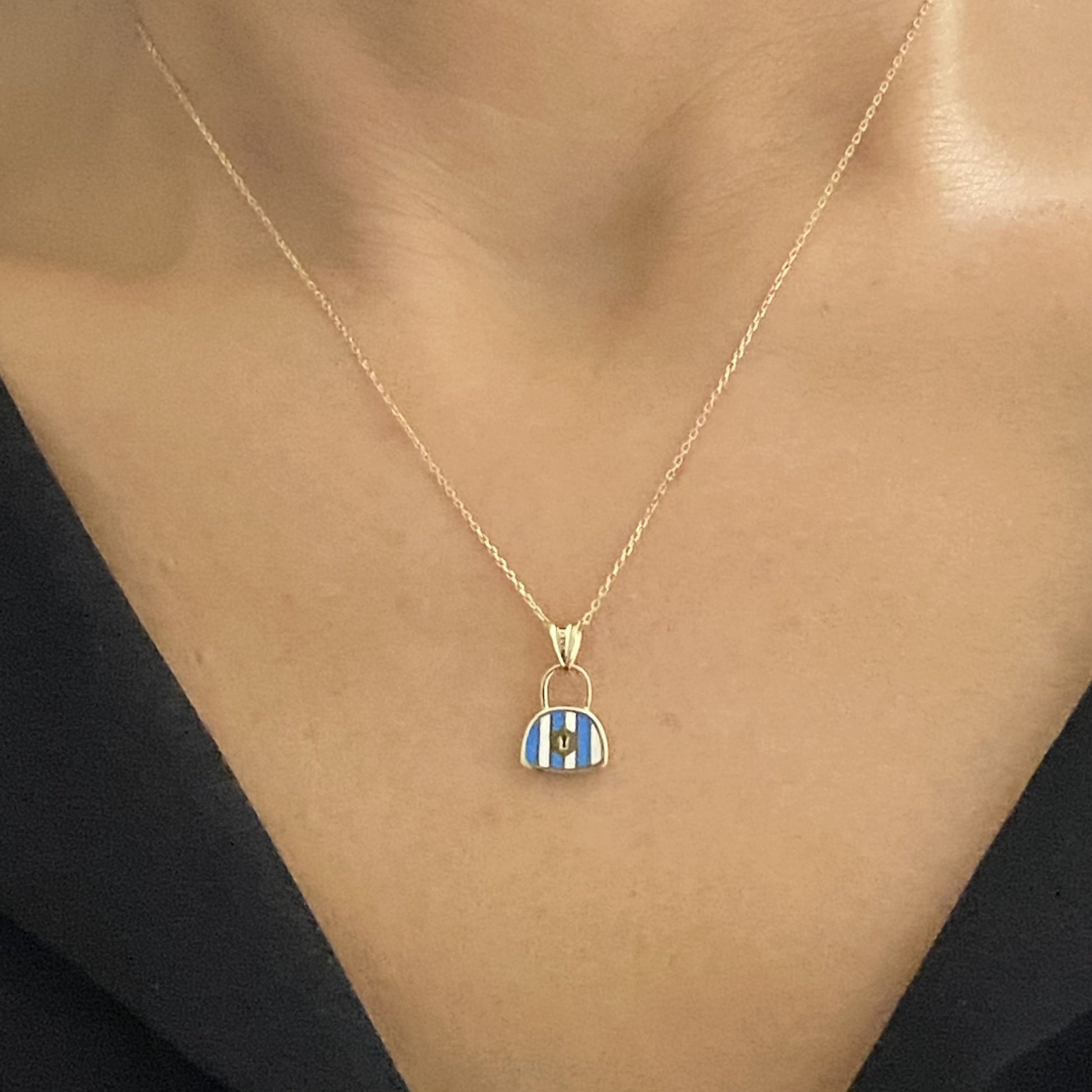 14K Real Solid Gold Handbag Pendant Necklace for Women , Dainty Bag Gold turquoise Necklace , Handmade Jewelry , Birthday gift for her mom