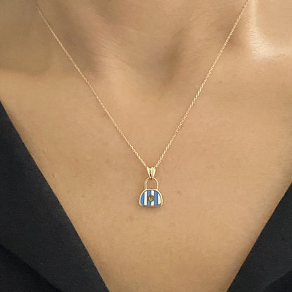 14K Real Solid Gold Handbag Pendant Necklace for Women , Dainty Bag Gold turquoise Necklace , Handmade Jewelry , Birthday gift for her mom