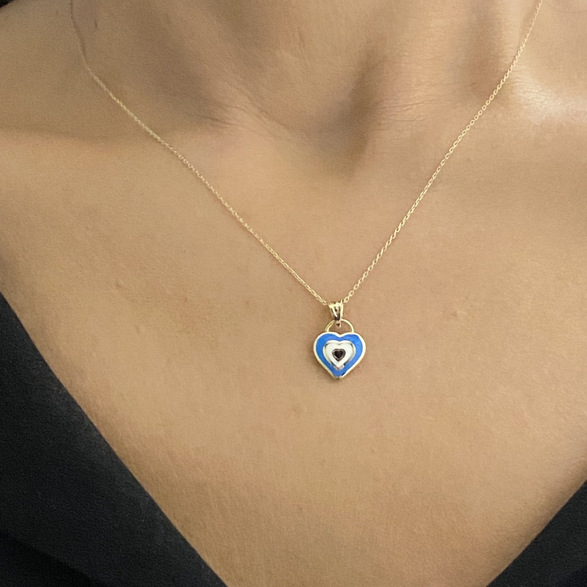 14K Real Solid Gold Heart Evil Eye Pendant Necklace for Women , Heart Shaped Navy Blue or Turquise Evil Eye Necklace , Handmade Jewelry