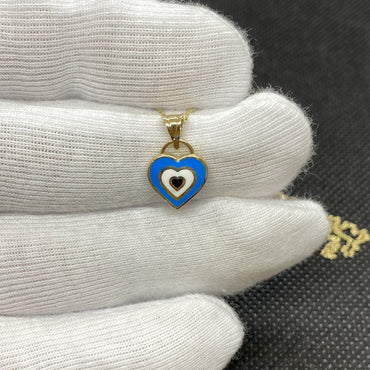 14K Real Solid Gold Heart Evil Eye Pendant Necklace for Women - Turquoise