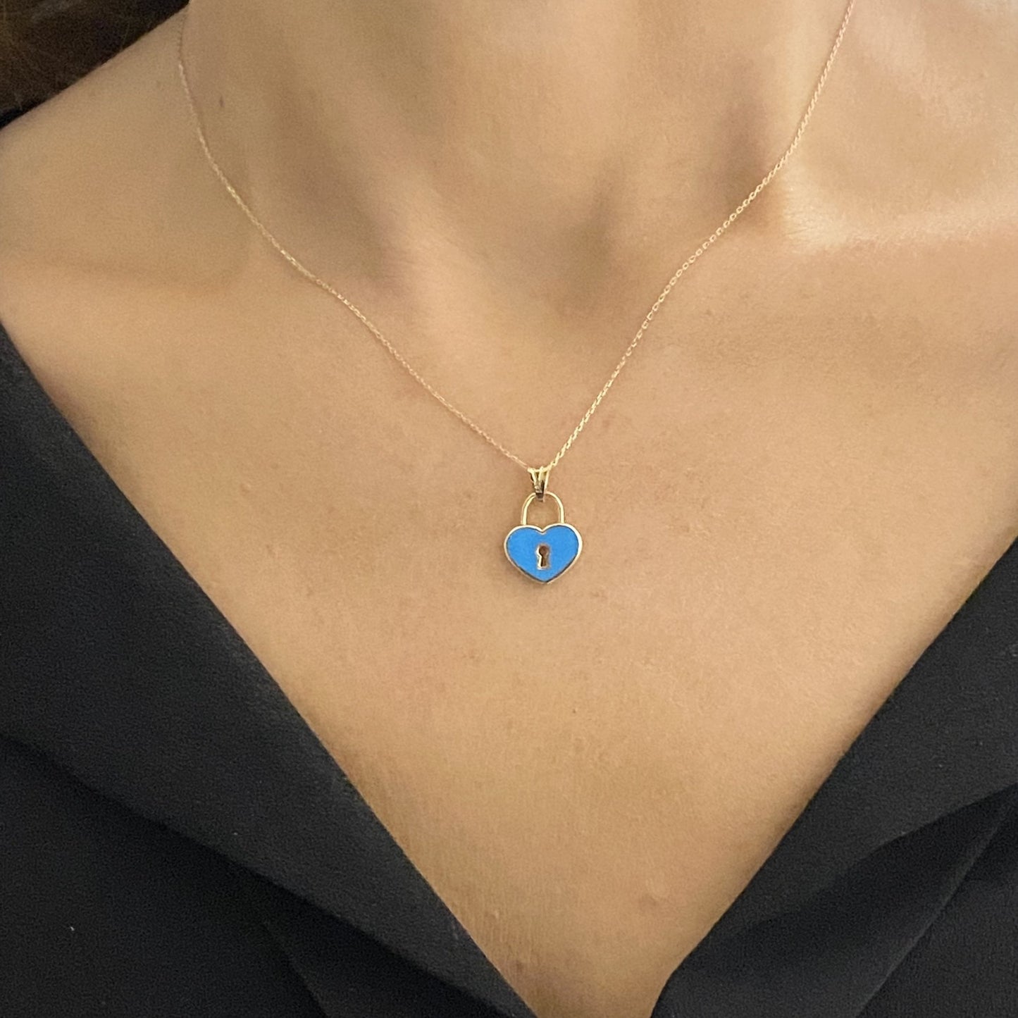 14K Real Solid Gold Turquoise Heart Necklace with Keyhole