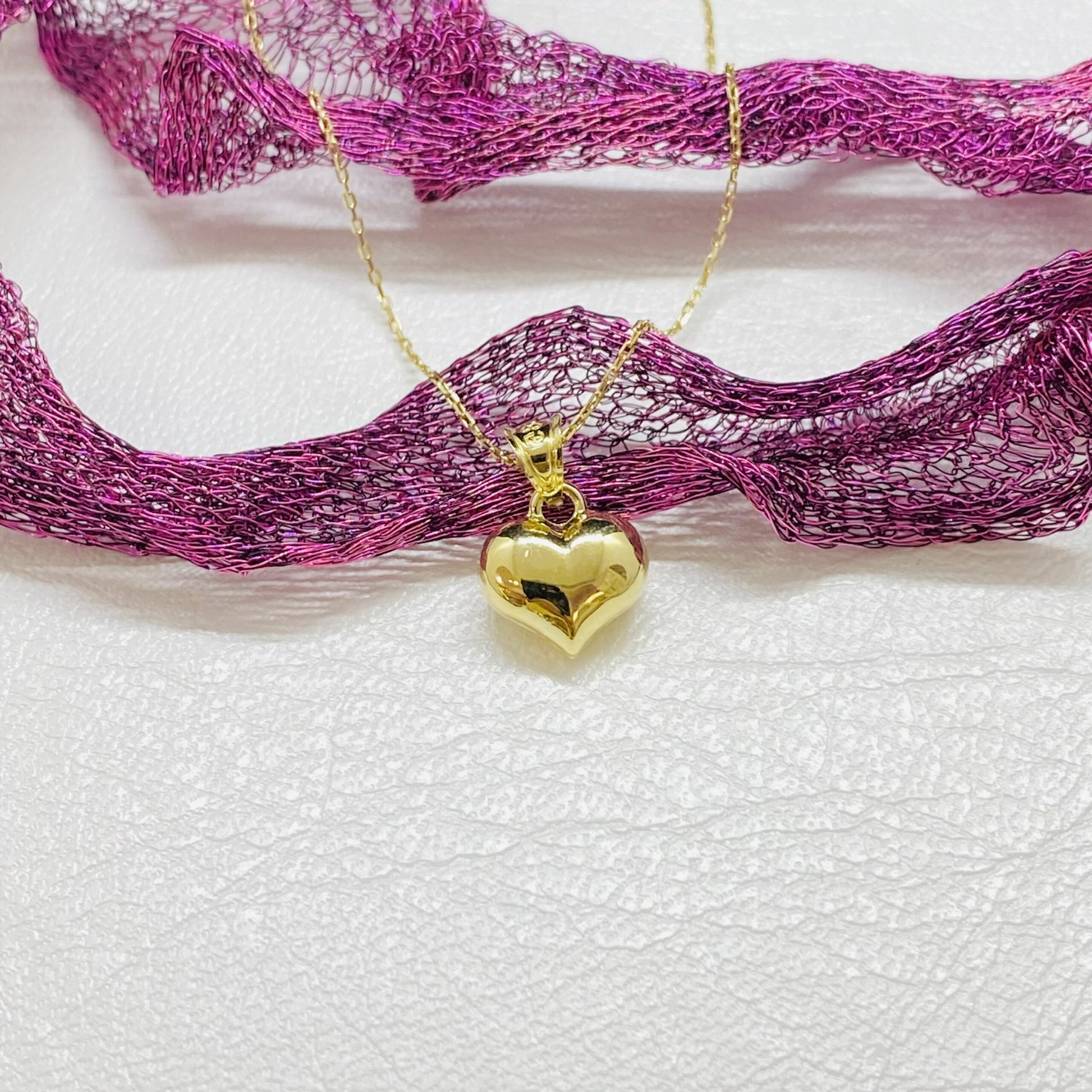 14K Real Solid Gold Heart Necklace for Women , Cute Dainty 3D Curved Heart Pendant , Stunning Gold Puff Heart Pendant On Chain,Gift for her