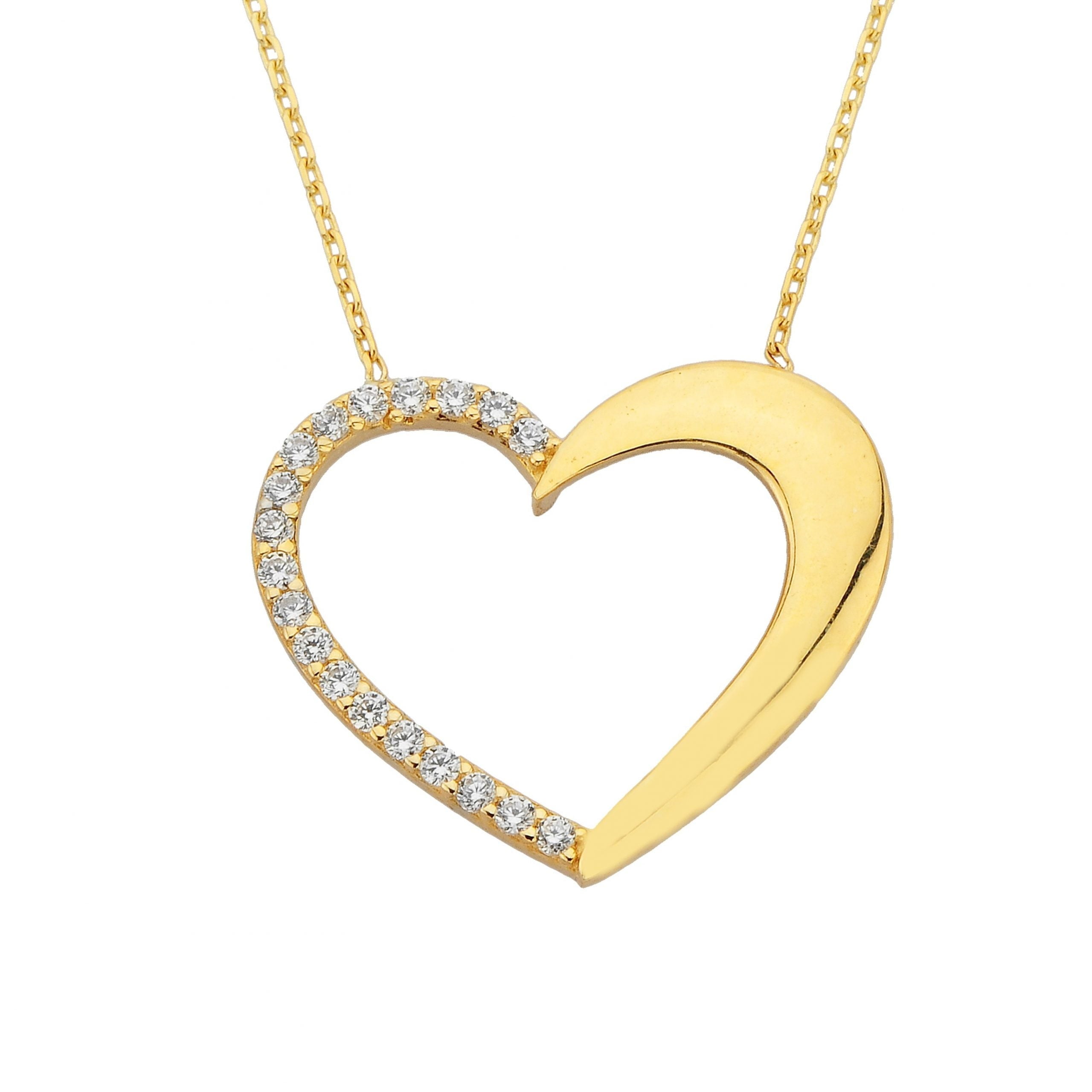 14K Real Solid Gold Heart Pendant Necklace Half Decorated with Zirconia Stones | Layered Necklaces | Gold Necklaces for Women