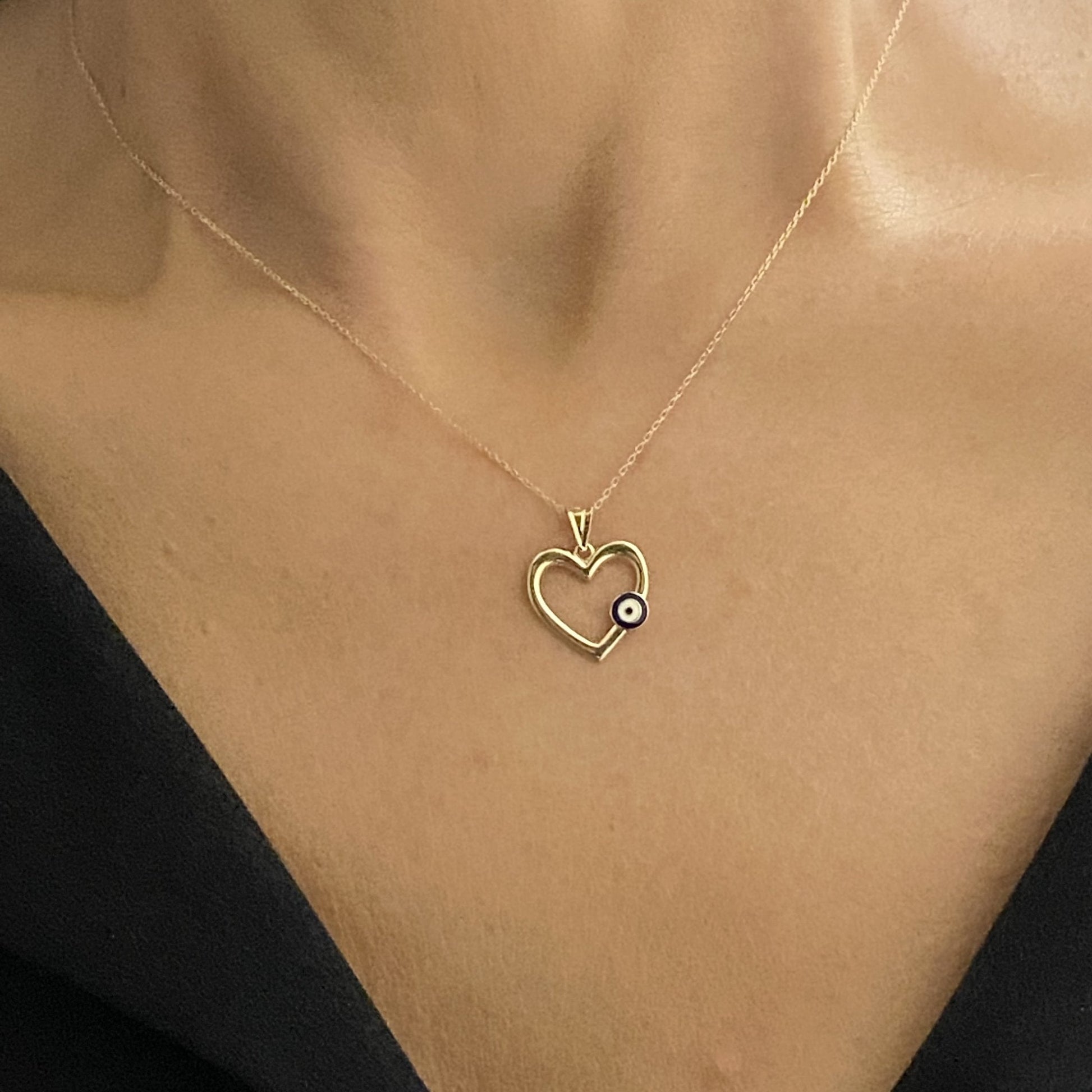 14K Real Solid Gold Heart Pendant Necklace for Women with Evil Eye Butterfly Ladybug, Gold Heart Necklace ,Christmas Gift, Handmade Jewelry