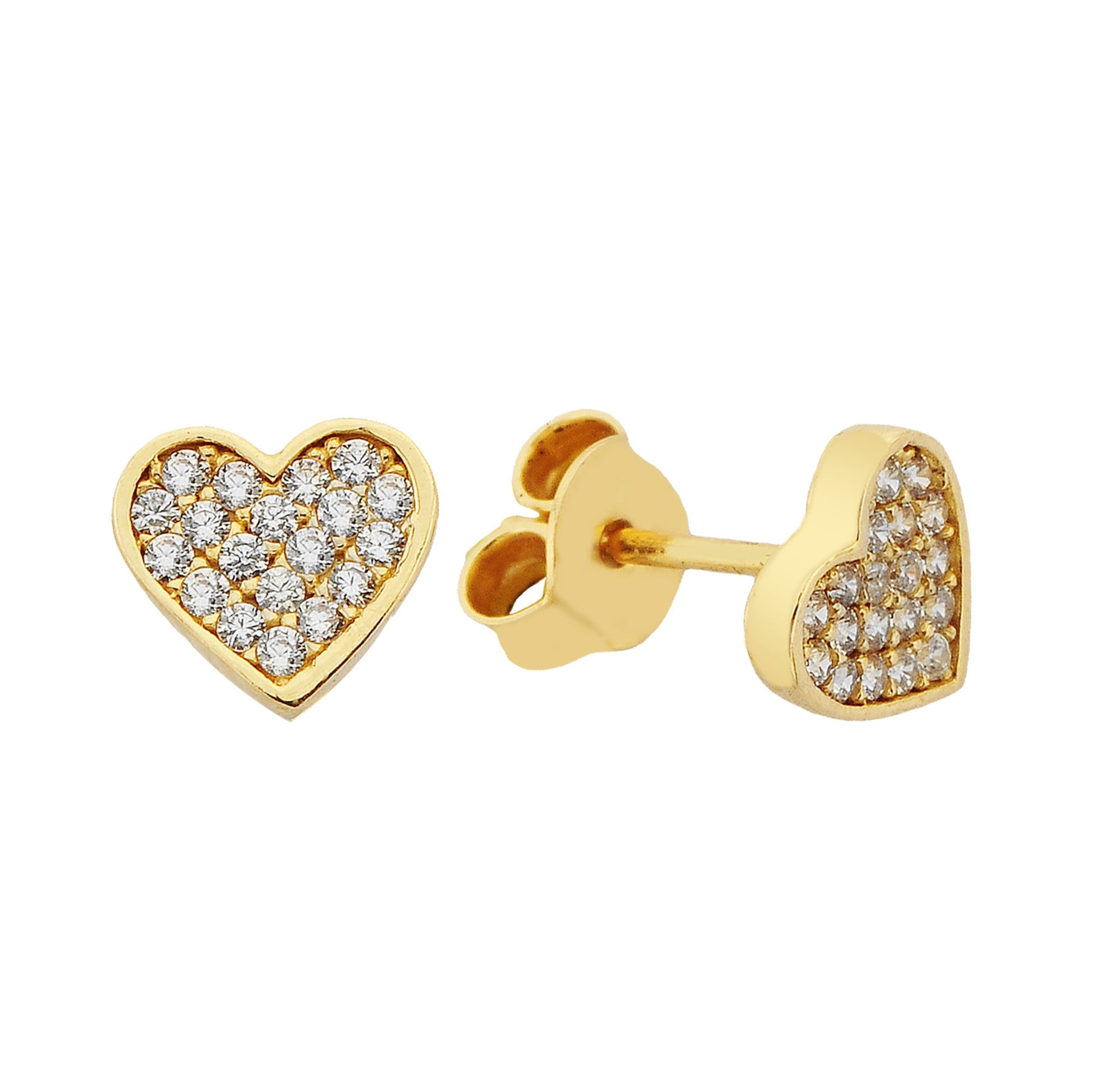14K Real Solid Gold Heart Stud Earrings Decorated with Zirconia Stones for Women Birthday christmas xmas mother's day gift small tiny minimalist handmade jewelry
