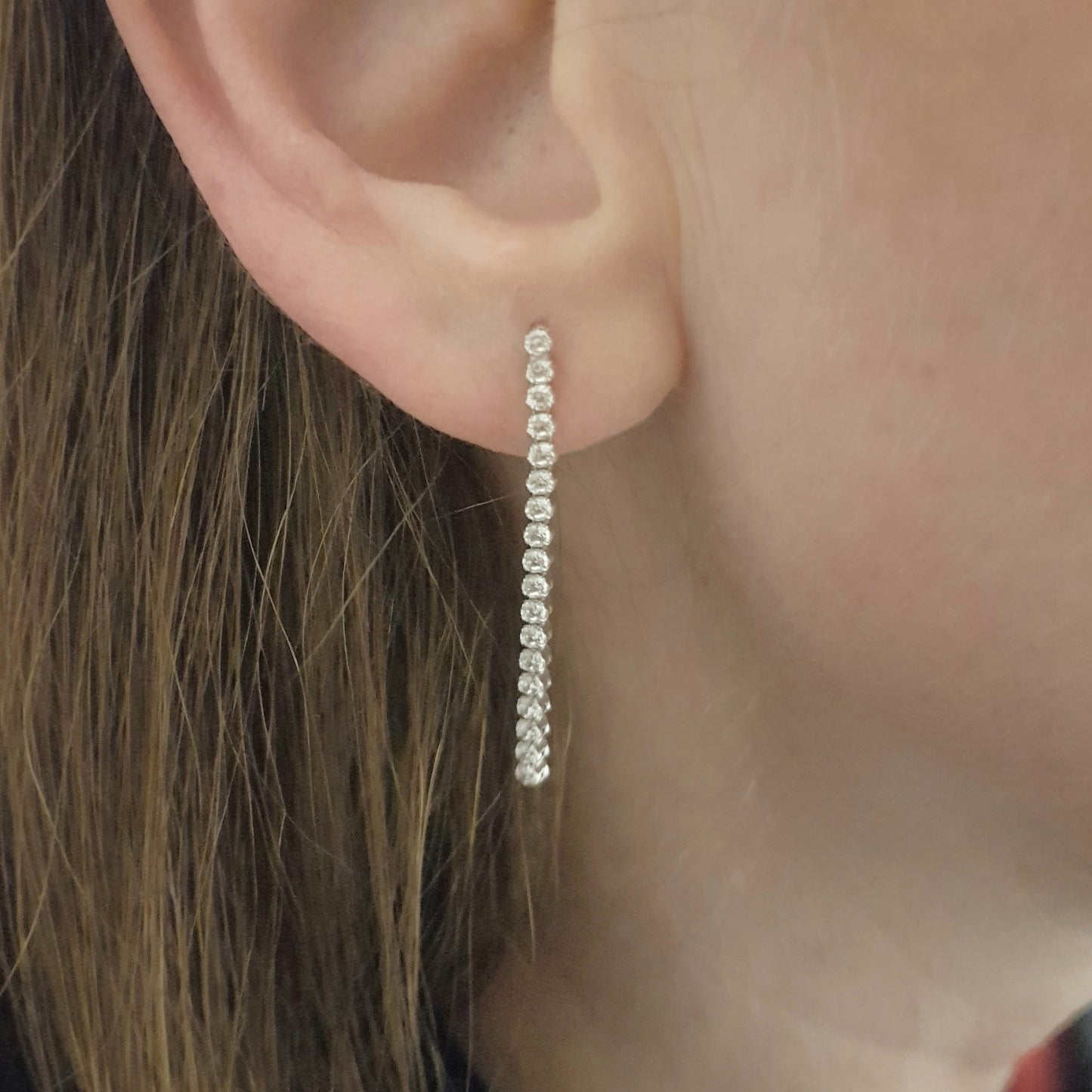 14K Real Solid Gold Long CZ Stud Tennis Earrings for Women , Dainty CZ Stud Earrings , Long Chain Links Earrings , Gift for Her