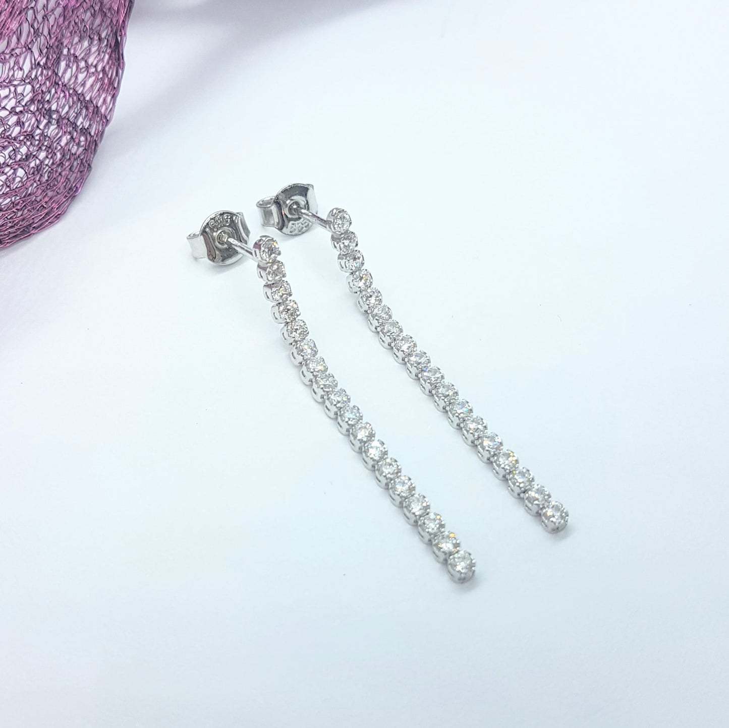 14K Real Solid Gold Long CZ Stud Tennis Earrings for Women , Dainty CZ Stud Earrings , Long Chain Links Earrings , Gift for Her