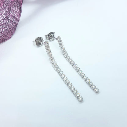 14K Real Solid Gold Long CZ Stud Tennis Earrings for Women , Dainty CZ Stud Earrings , Long Chain Links Earrings , Gift for Her