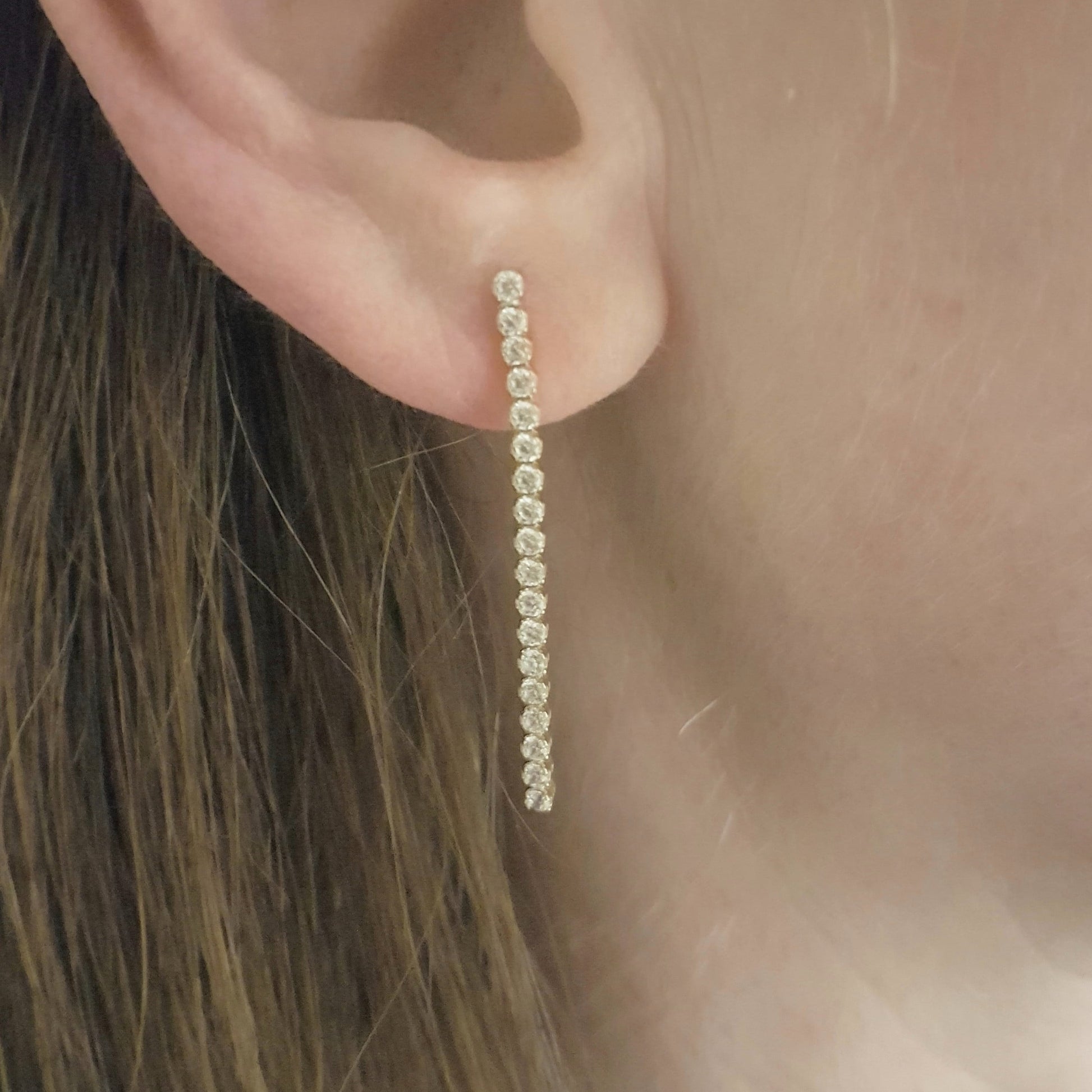 14K Real Solid Gold Long CZ Stud Tennis Earrings for Women , Dainty CZ Stud Earrings , Long Chain Links Earrings , Gift for Her