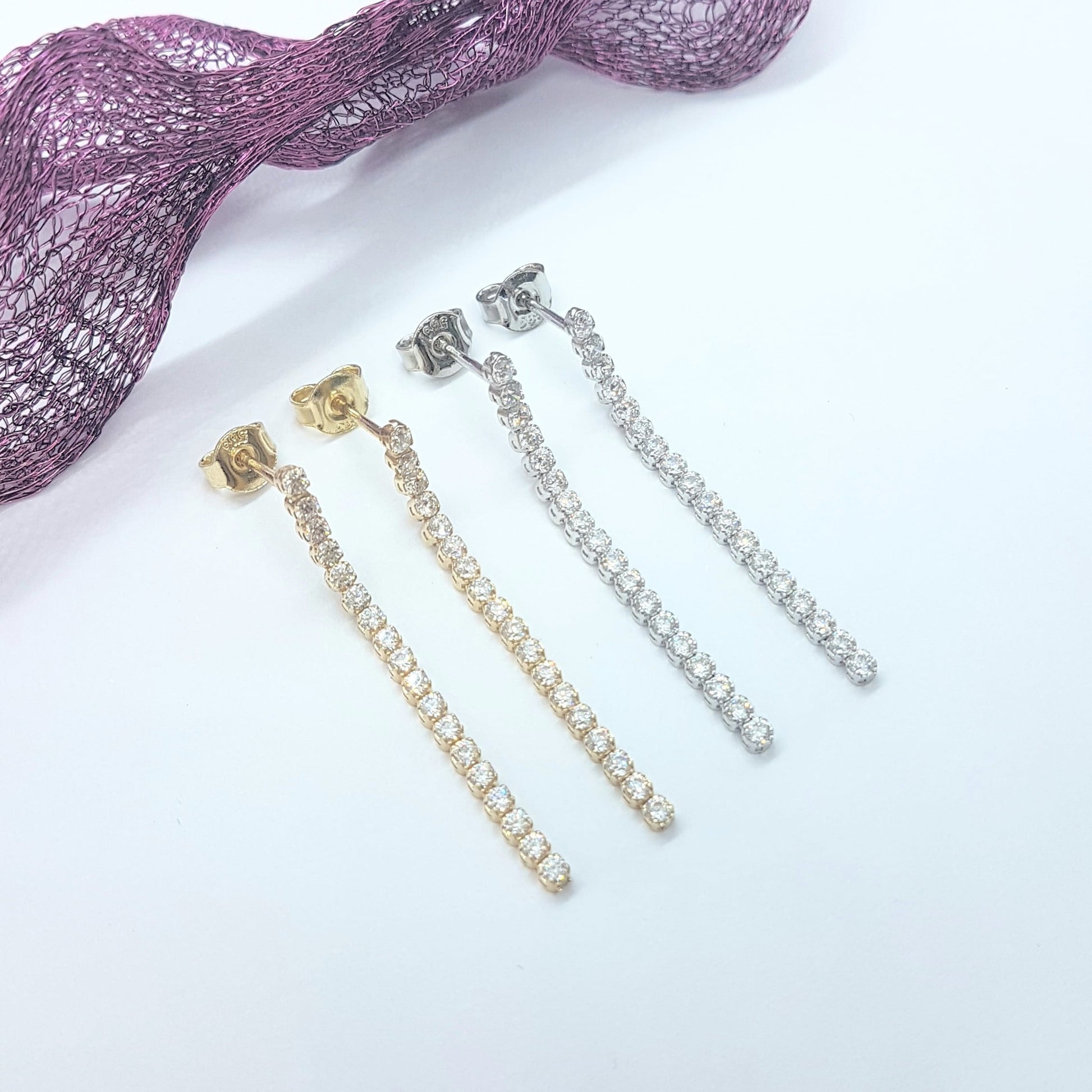 14K Real Solid Gold Long CZ Stud Tennis Earrings for Women , Dainty CZ Stud Earrings , Long Chain Links Earrings , Gift for Her