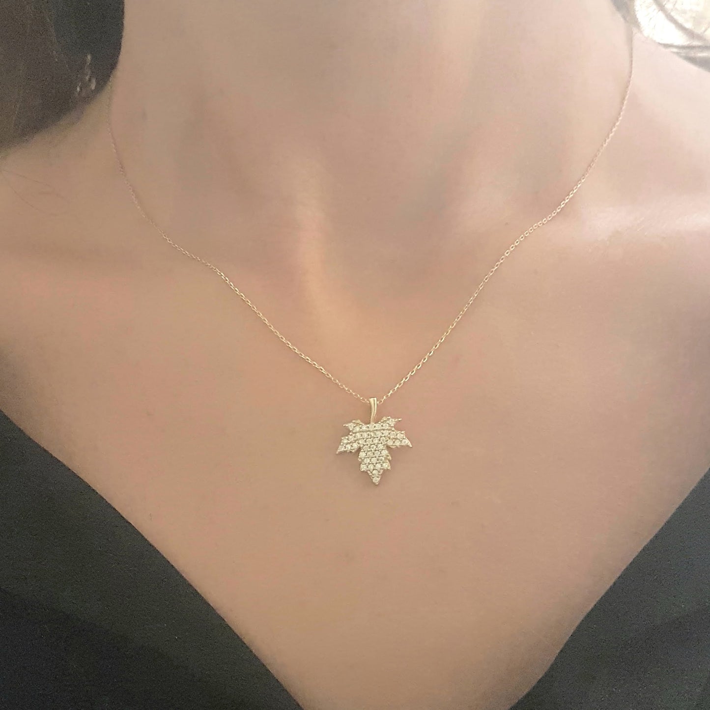 14K Real Solid Gold Long Leaf Pendant Necklace with White Zirconia Stones Cute Charm Dainty Delicate Trendy Elegant Birthday Gift for her women jewelry wife grandma girl Autumn Maple