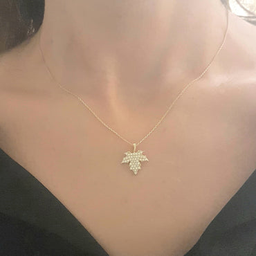 14K Real Solid Gold Long Leaf Pendant Necklace with White Zirconia Stones Cute Charm Dainty Delicate Trendy Elegant Birthday Gift for her women jewelry wife grandma girl Autumn Maple