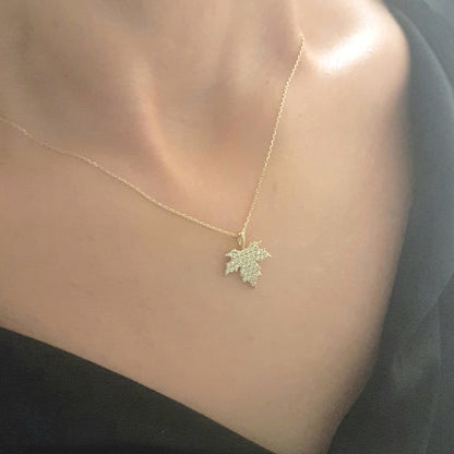 14K Real Solid Gold Long Leaf Pendant Necklace with White Zirconia Stones Cute Charm Dainty Delicate Trendy Elegant Birthday Gift for her women jewelry wife grandma girl Autumn Maple