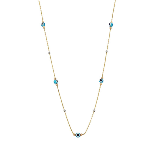 14K Real Solid Gold Lucky Blue Evil Eye and Italian Balls Design Dainty Charm Pendant Necklace for Women Turkish Nazar Christmas Birthday Mother's Day Gift.