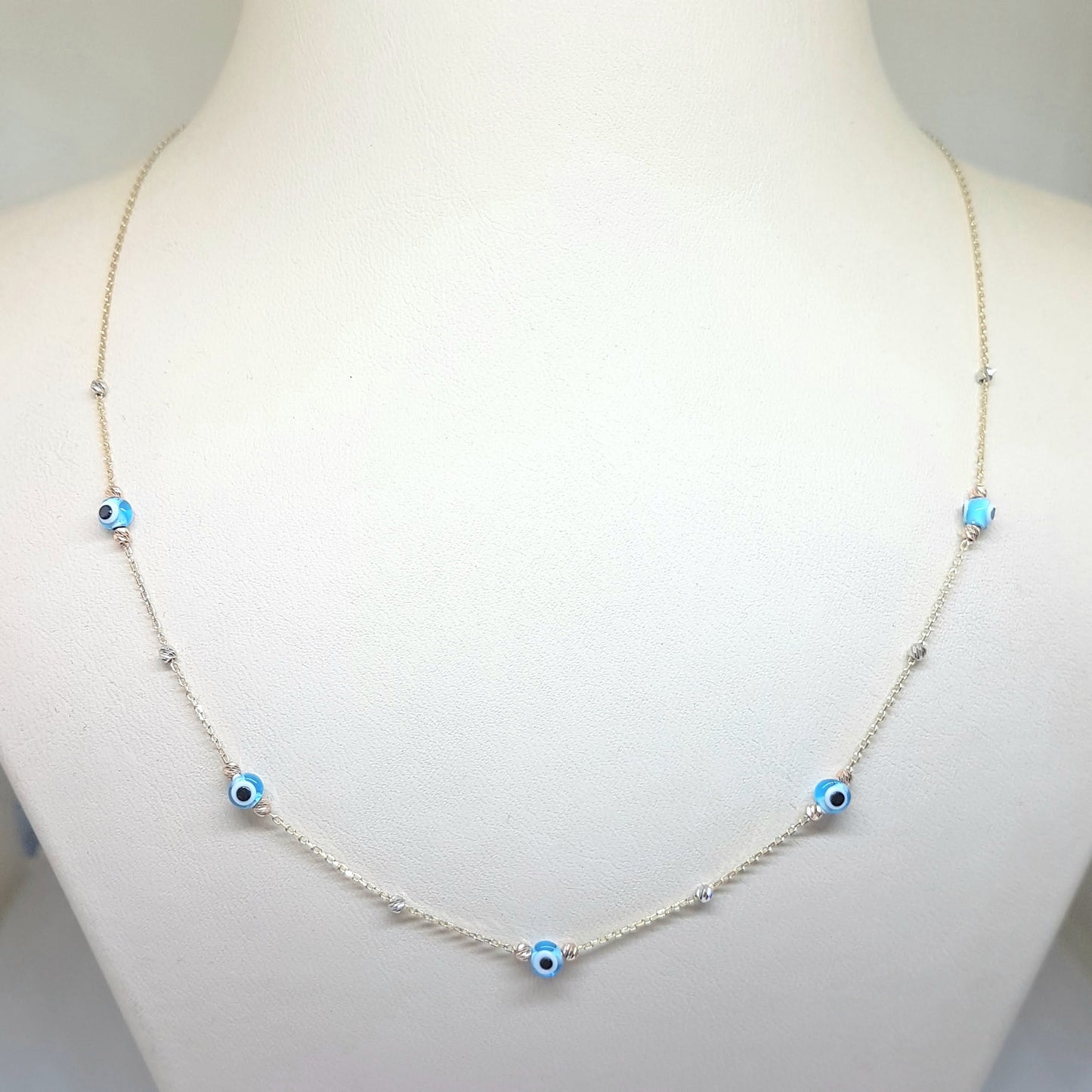 14K Real Solid Gold Lucky Blue Evil Eye and Italian Balls Design Dainty Charm Pendant Necklace for Women Turkish Nazar