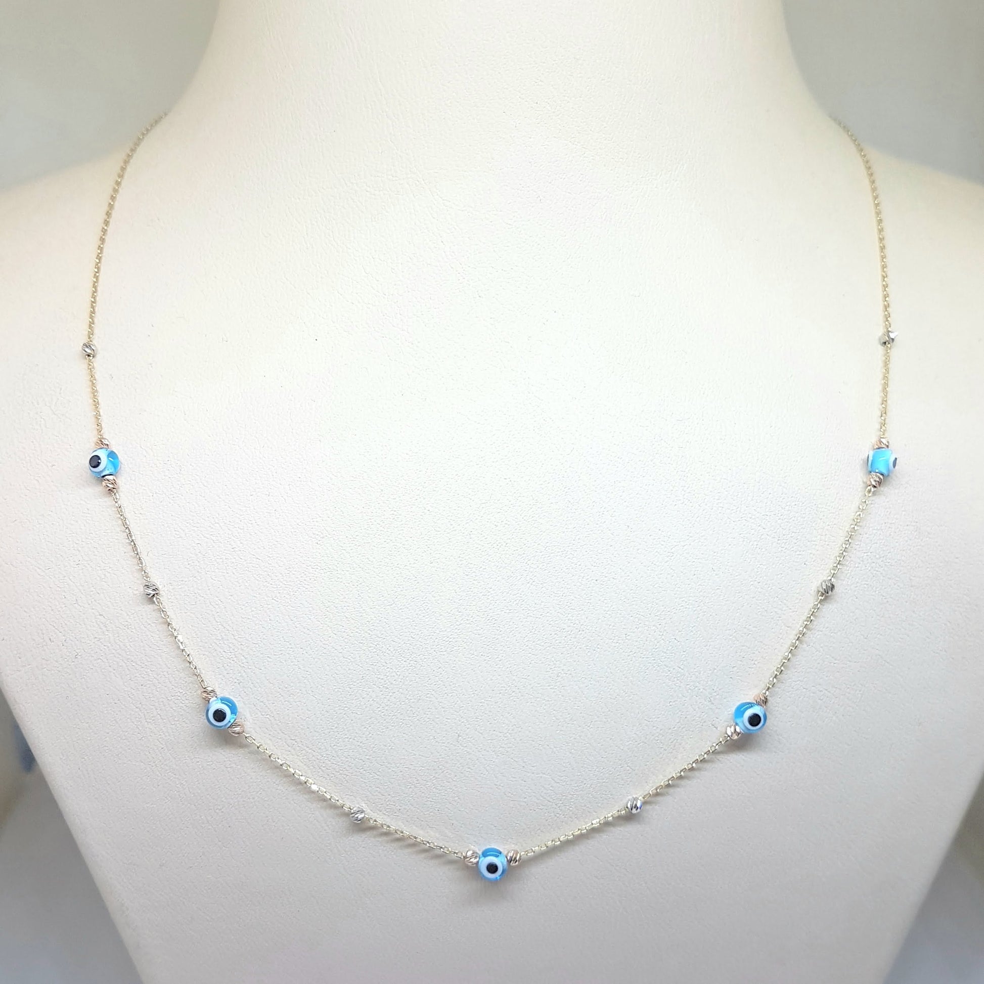 14K Real Solid Gold Lucky Blue Evil Eye and Italian Balls Design Dainty Charm Pendant Necklace for Women Turkish Nazar