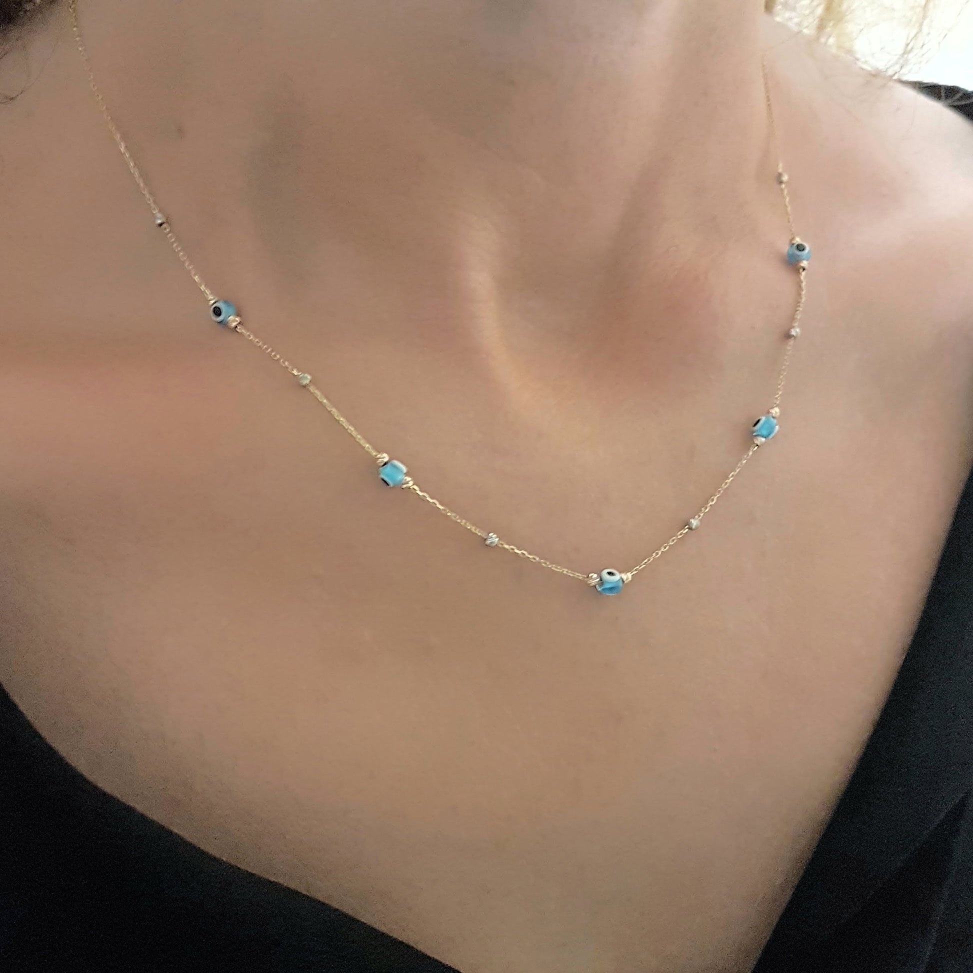 14K Real Solid Gold Lucky Blue Evil Eye and Italian Balls Design Dainty Charm Pendant Necklace for Women Turkish Nazar