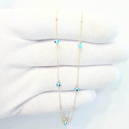 14K Real Solid Gold Lucky Blue Evil Eye and Italian Balls Design Dainty Charm Pendant Necklace for Women Turkish Nazar