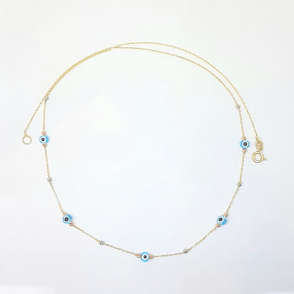14K Real Solid Gold Lucky Blue Evil Eye and Italian Balls Design Dainty Charm Pendant Necklace for Women Turkish Nazar