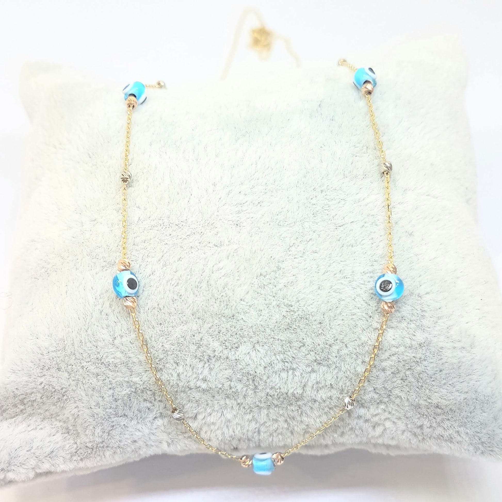 14K Real Solid Gold Lucky Blue Evil Eye and Italian Balls Design Dainty Charm Pendant Necklace for Women Turkish Nazar