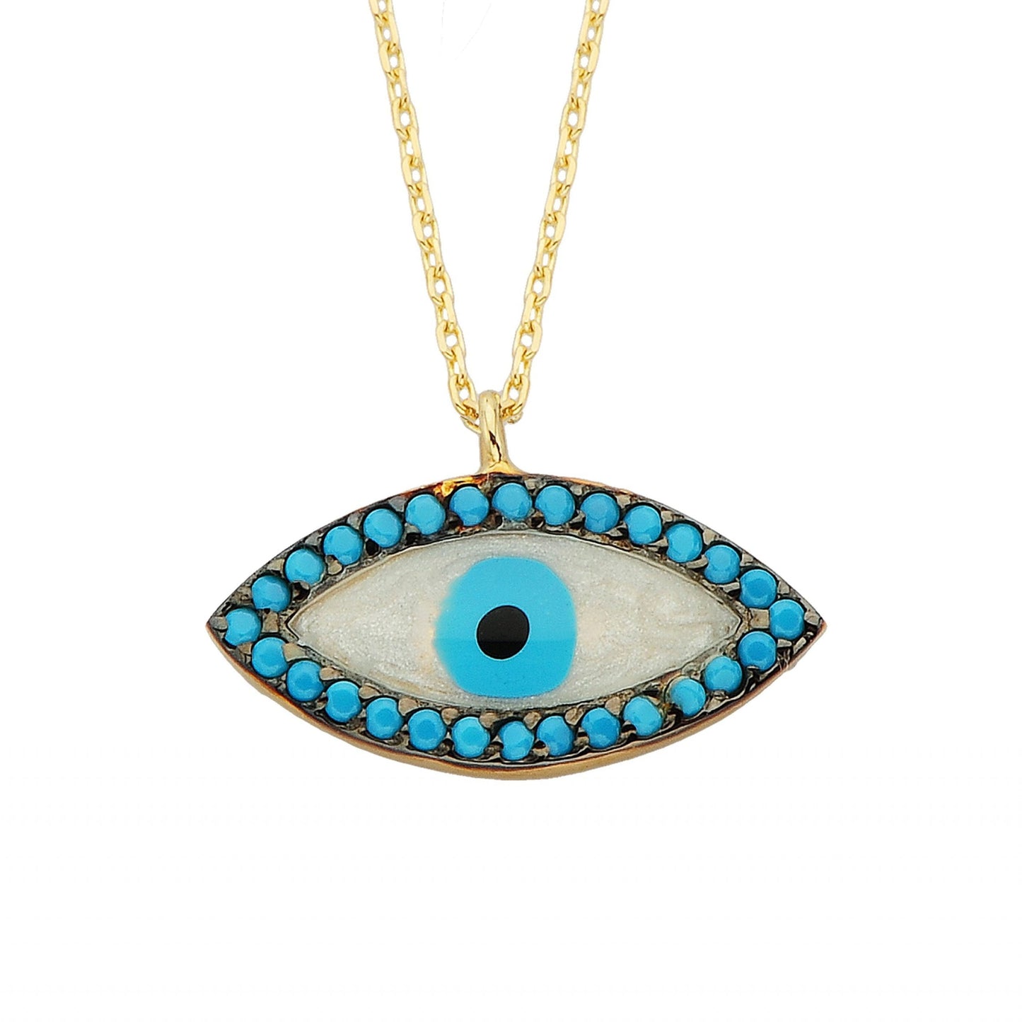 14K Real Solid Gold Lucky Evil Eye with Mother of Pearl Necklace for Women Dainty Turkish Evil Eye Cats Eye Faith Nazar Protection Pendant Birthday Christmas Mother’s Day Gift